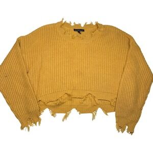 Derek Heart Mustard Yellow Distressed Cropped Knit Sweater Womens Large Frayed‎
